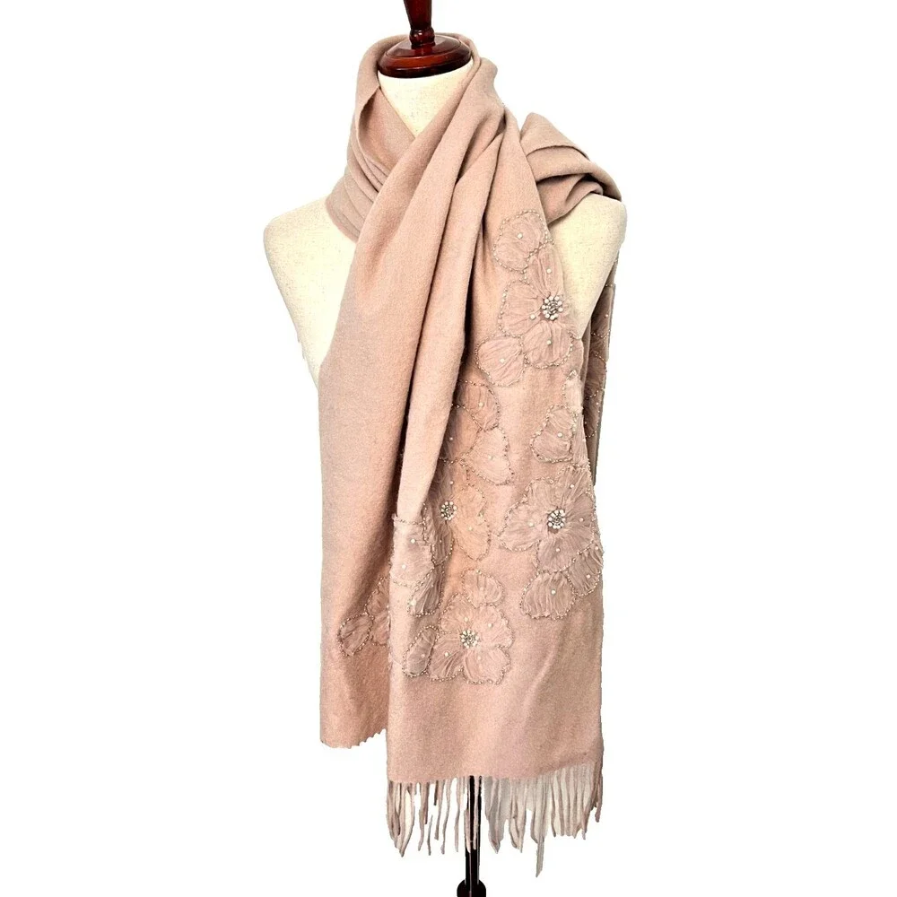 New JOIE Scarf Wrap 100% Wool Blush Pink Beaded Floral Sequin Fringe Soft Winter